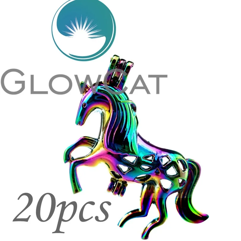 

GLOWCAT 20x CC179 Rainbow Colors Unicorn Beads Cage Jewelry Making Essential Oil Diffuser Pearl Cage Locket Pendant