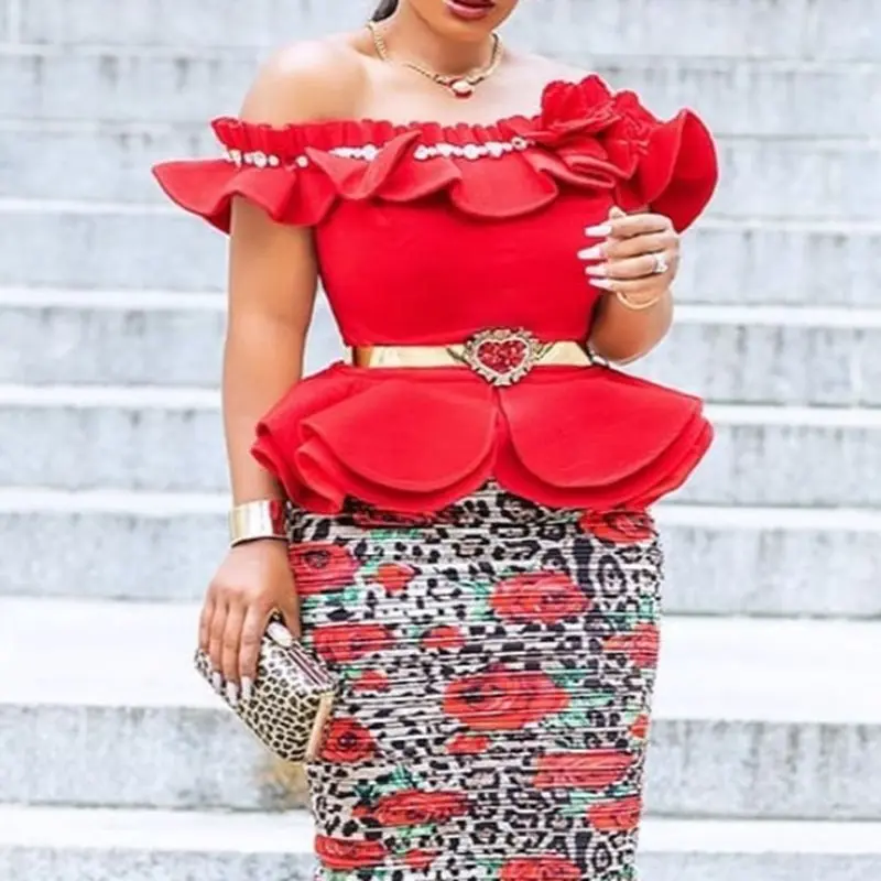 Summer Elegant Sexy Club Plus Size Sweet Blouse Women Slim Off Shoulder Plain Falbala Chic Vintage African Fashion Tops Shirts |