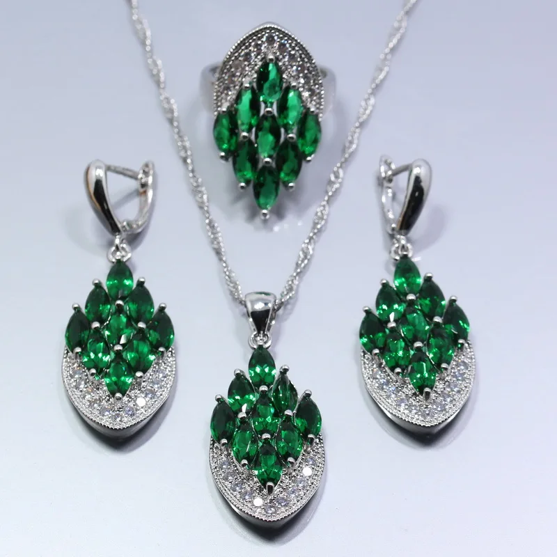 Женский комплект ювелирных изделий из 4 предметов Серебряный зеленый циркон