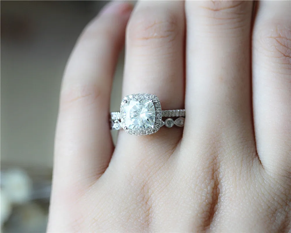 DUPUY 2.0ct Cushion Forever Brilliant Ring Set Art Deco Half Eternity Diamonds Wedding 14k White Gold Engagement | Украшения и