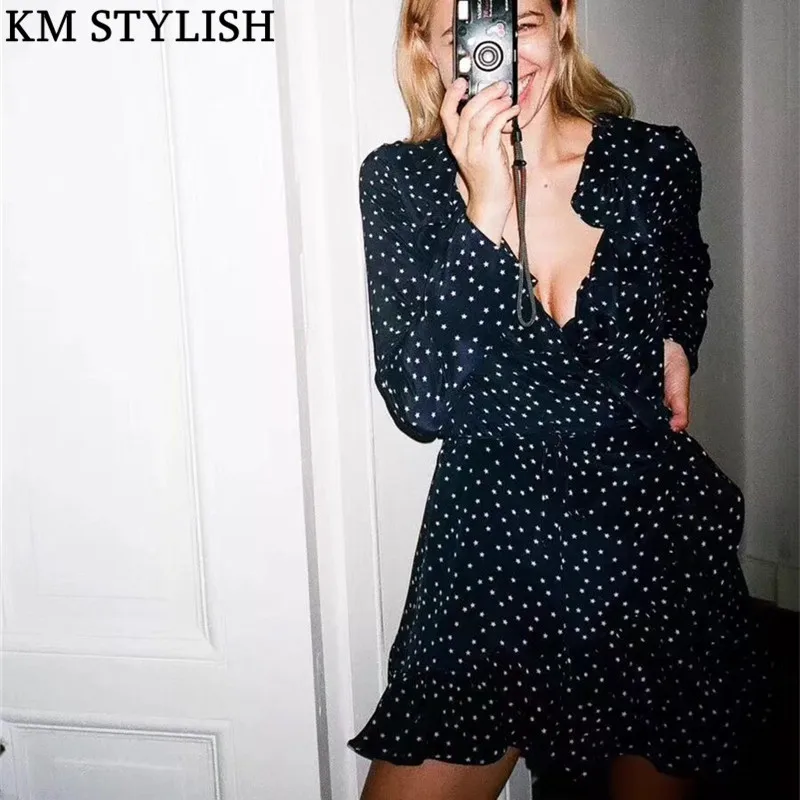 2019 Ранняя весна новая звезда принт Раффлед женское черное платье лотос лист