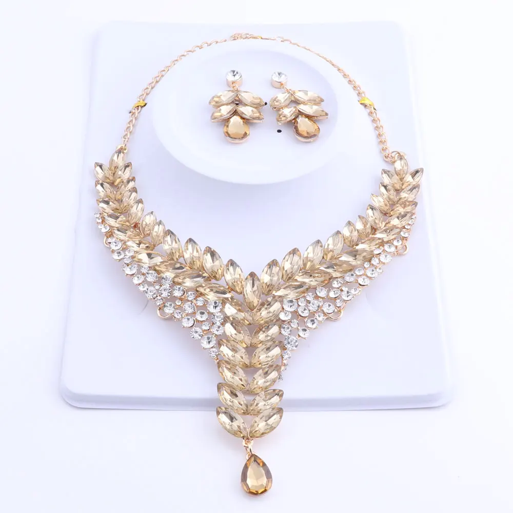 Women Champagne Crystal Wedding Bride Party Costume Accessories Bridal Necklace Earring Jewelry Sets | Украшения и аксессуары