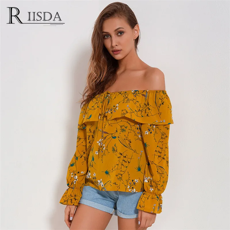 Riisda Для женщин Slash шеи рубашка шифон печати оборками рукавами blusas Повседневное