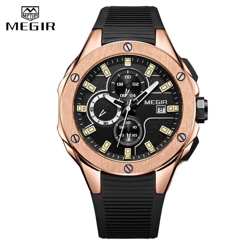 Rose Gold Black MEGIR Модные мужские спортивные часы с хронографом Водонепроницаемые силиконовые кварцевые Военные Мужские часы Relogio Masculino - Цвет: Rose Gold Black
