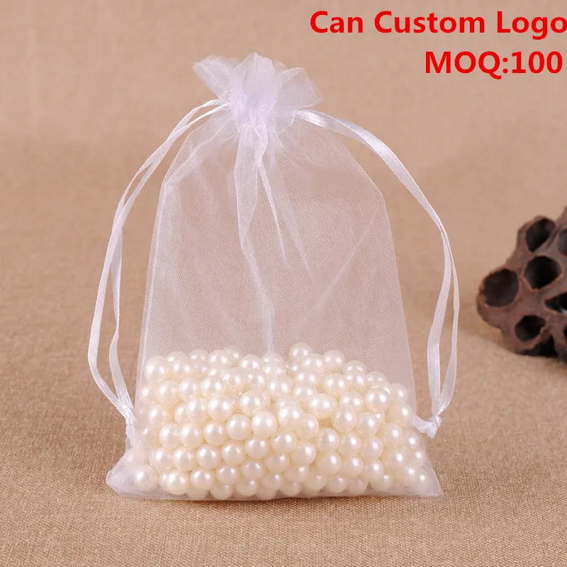 13x18cm White Organza Jewelry Gift Bags Cheap Pouches Wedding Favor Bag Customed Logo Printed 100pcs/lot Wholesale - купить по