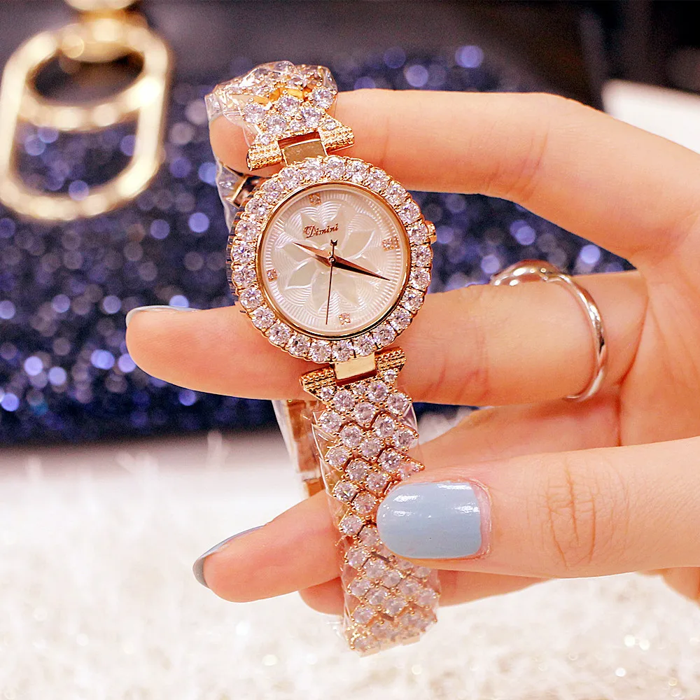 Полный алмаз DIMINI кожаный ремешок платье часы на Рождество! Японские кварцевые