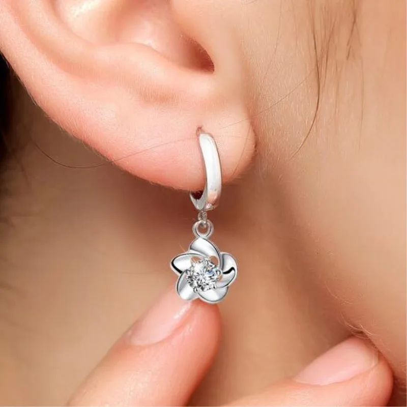 

New Fashion Temperament Flower 925 Sterling Silver Jewelry Long Bloom Plum Crystal Hypoallergenic Gift Dangle Earrings SE322