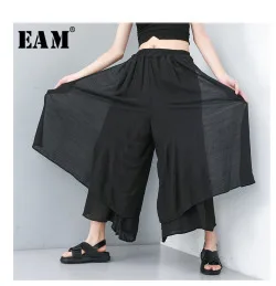 [EAM] Новинка весны summerFashion желтый свободные короткий рукав плиссированные раза асимметрия О-образным вырезом простые женские модельные S206