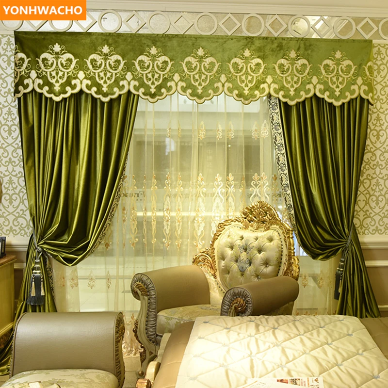 

Custom curtains thick luxury European solid green French velvet embroidery blackout curtain tulle valance B458