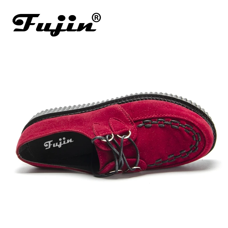 Fujin/брендовые красные замшевые осенние криперы из флока Большие размеры 35 41