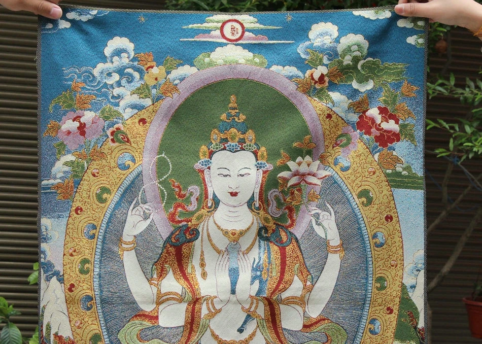 Тибетский шелковой ткани 4 руки ченрезиг Гуаньинь kwan инь Будда тангка Фреска