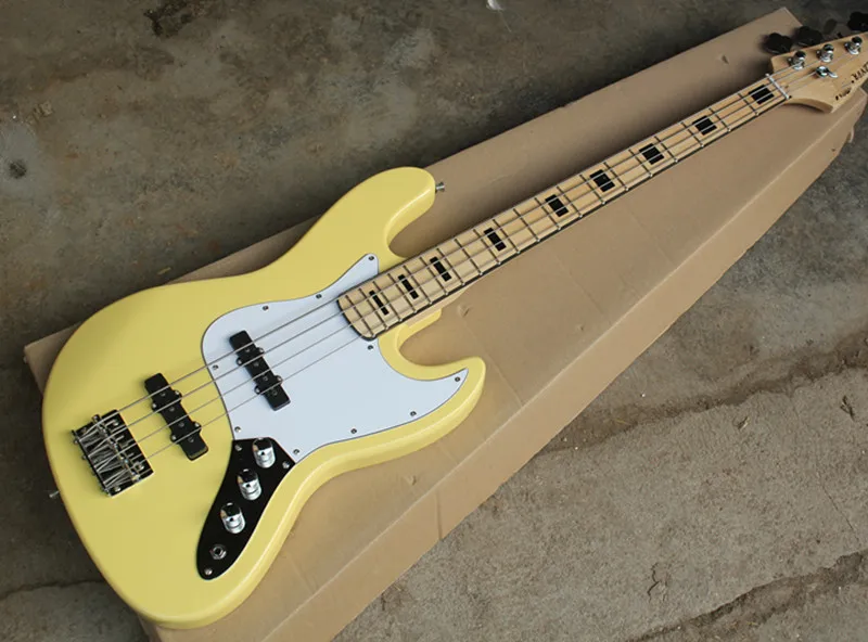 4-String Yellow Electric Jazz Bass Guitar with Black Inlay and Chrome Hardware,White Pickguard,Offer Customized