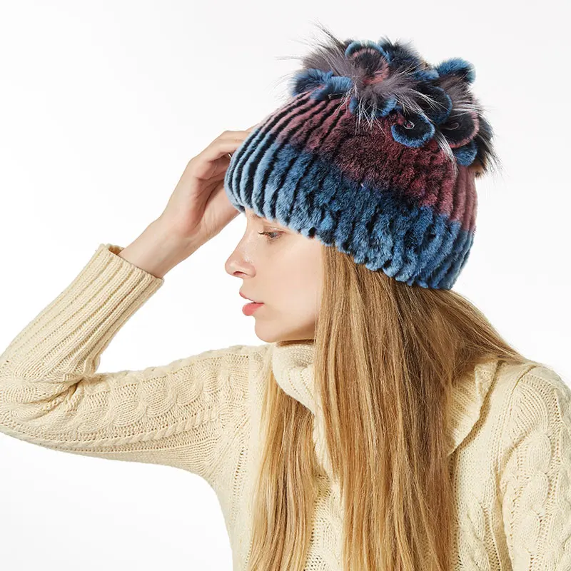 Новинка, зимняя женская шапка,, настоящий мех кролика, skullies& beanies, женские вязаные шапки, зимняя шапка для женщин, толстая шапочка для девочек - Цвет: color 13