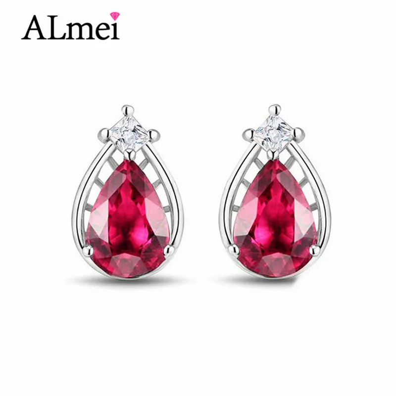 Женские серьги-капельки Almei из серебра 925 пробы с красным фианитом в форме капли