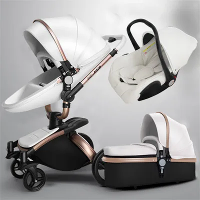 white with car seat Роскошная Высокая детская коляска 3 в 1, дорожная система, коляски для новорожденных, Европейское кожаное автомобильное кресло, коляска 2 в 1, без тарифов - Цвет: white with car seat