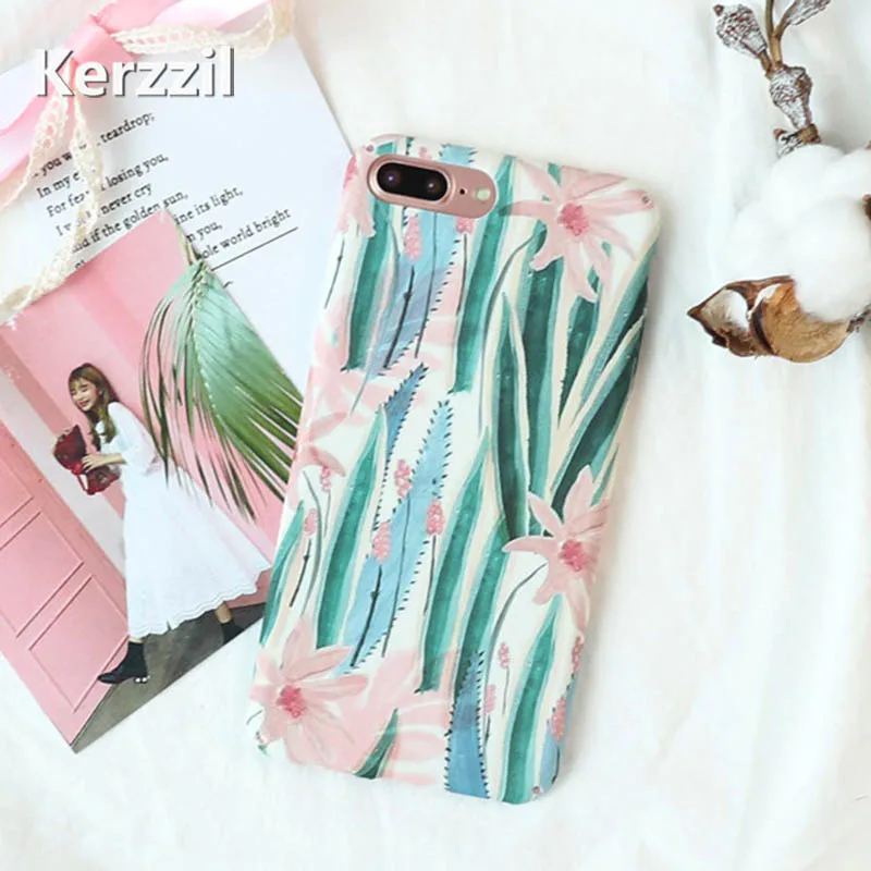 Kerzzil Pink flowers Green Leaf Phone Cases For iphone 7 8 6 6S Plus Matte Hard Cover Case iPhone Vintage | Мобильные телефоны и