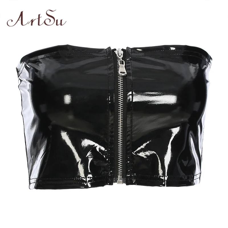 ArtSu черный укороченный топ из искусственной кожи, сексуальный клубный Топ без бретелек с открытой спиной, без рукавов, с открытыми плечами, бюстье, майка ASVE20367