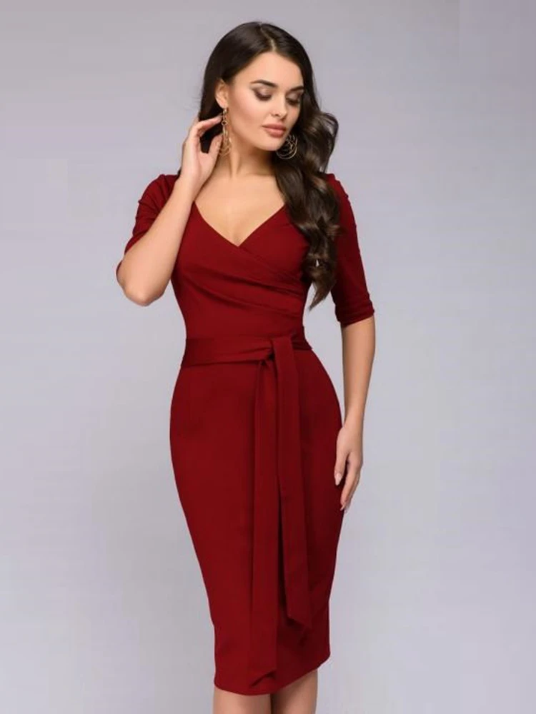 Для женщин с v-образным вырезом узкие рукава до локтя платье 2019 элегантное на