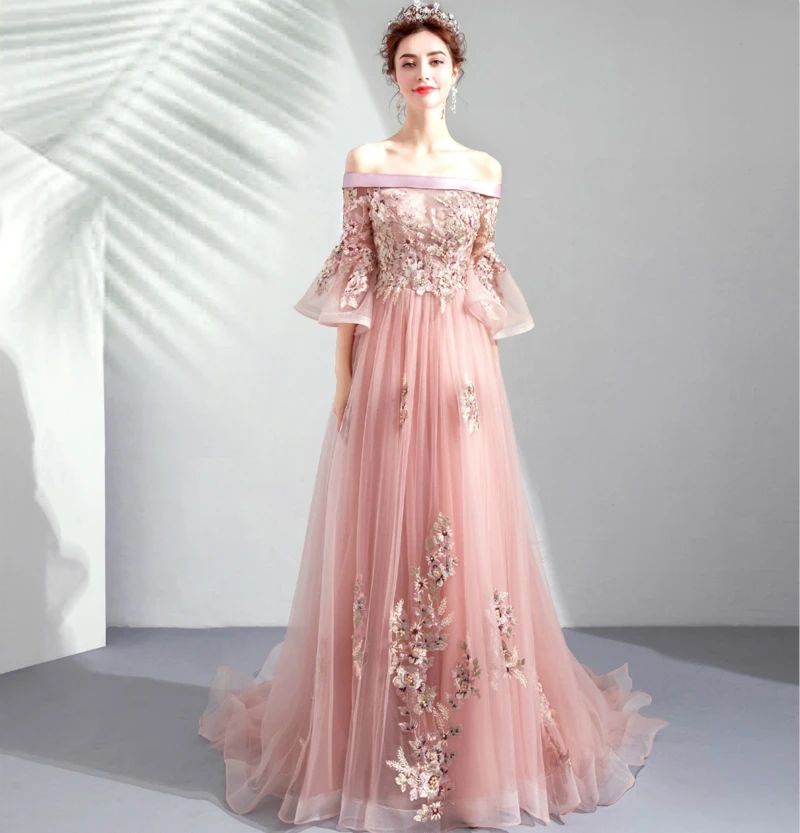 Женское вечернее платье до пола SSYFashion розовое с вырезом лодочкой рукавами 2019 и
