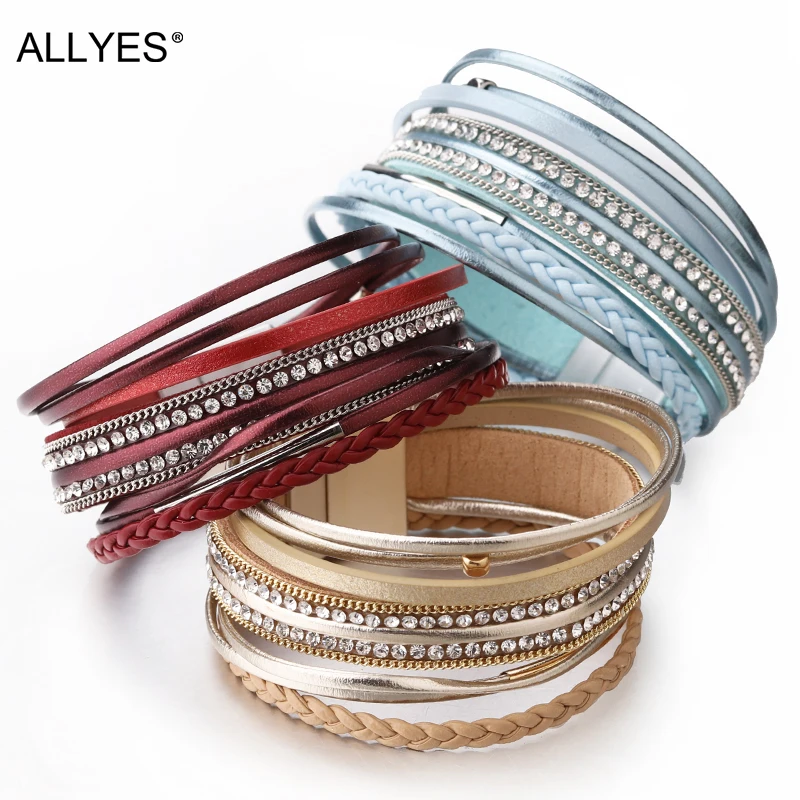 ALLYES плетеный кожаный браслет женский pulseira feminina Boho кристалл металлический Шарм Многослойные широкие браслеты для женщин ювелирные изделия