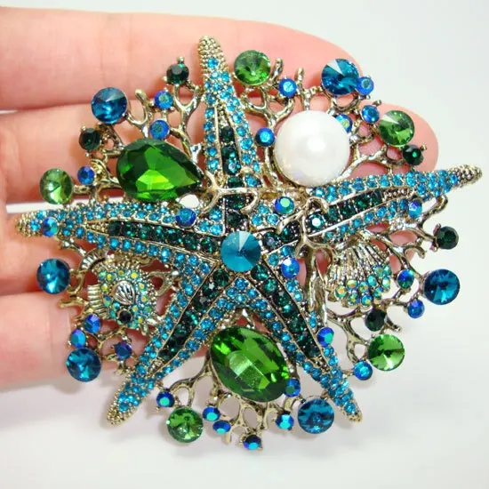 

Fashionable Jewelry Retro Style Green Rhinestone Crystal Pearl Starfish Brooch Pin Free shipping