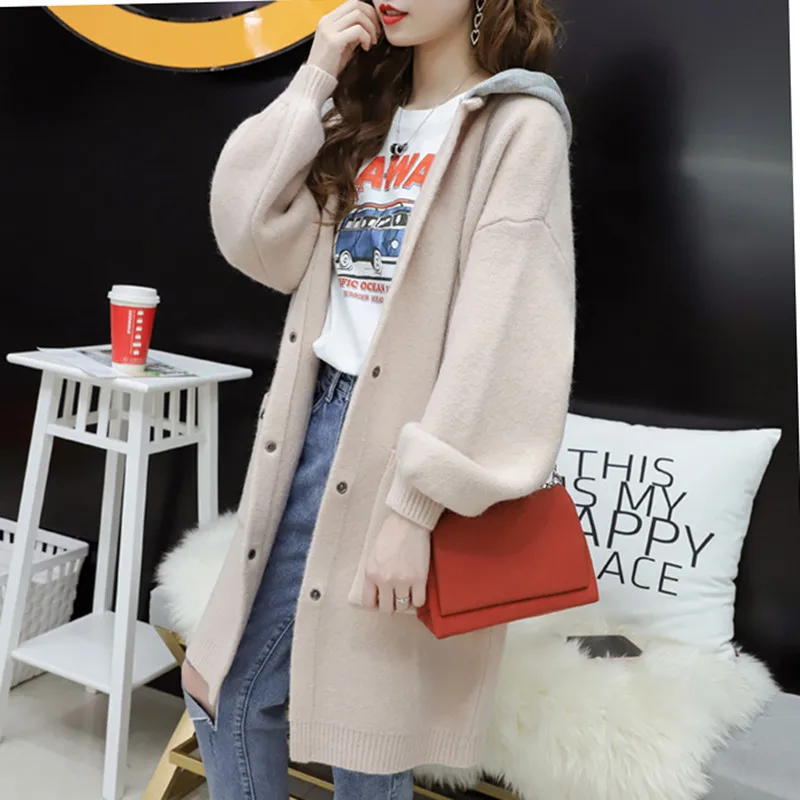 Autumn Winter Hooded Long Sweater Cardigan Women 2019 Fashion Lantern Sleeve Pocket Jacket Elegant Blue Caramel Colour Outerwear |