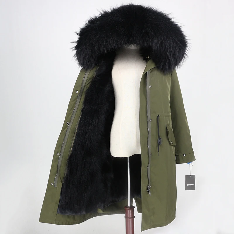 x-long green black Натуральный мех пальто зимняя куртка женская длинная парка водостойкий большой натуральный енот меховой капюшон, воротник толстый теплый натуральный Лисий Мех Лайнер - Цвет: x-long green black