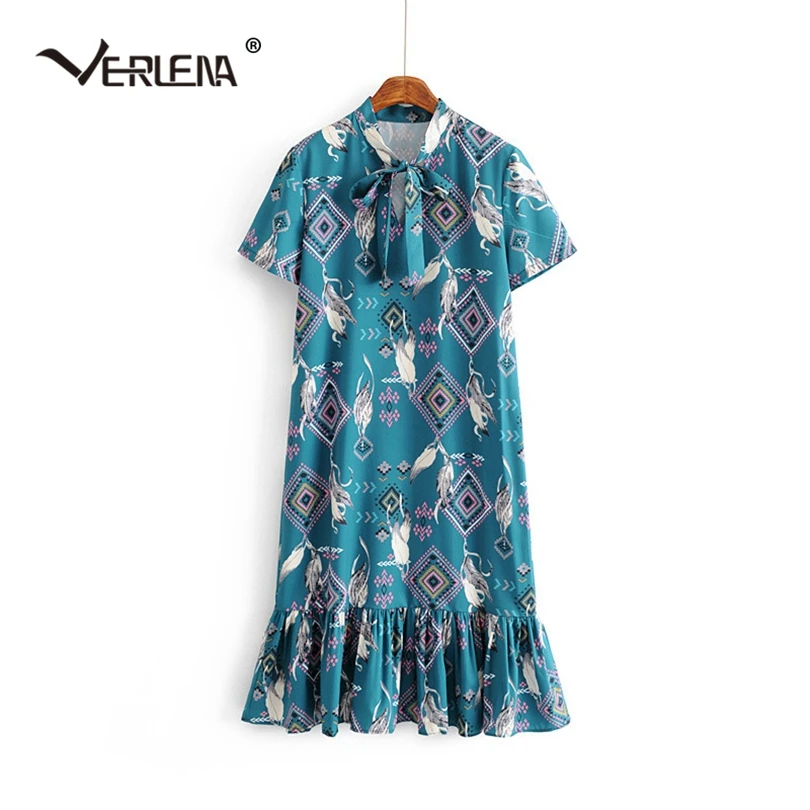 Женское винтажное платье Verlena голубое с принтом коротким рукавом