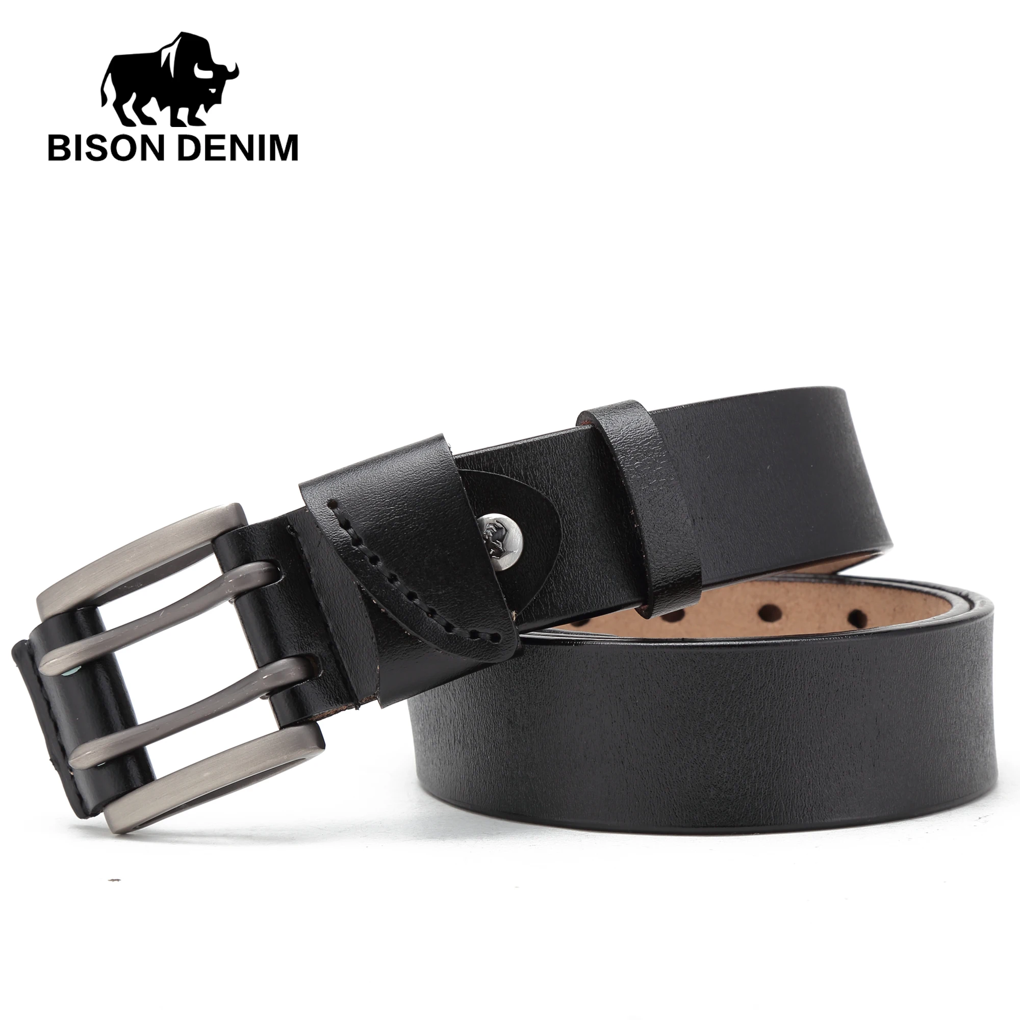 Мужской ремень из натуральной кожи BISON DENIM Черный винтажный кожаный пояс с