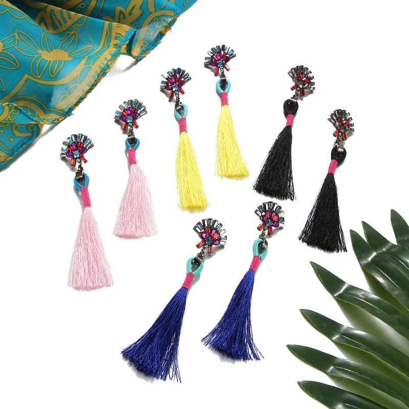 Colorful tassel long earrings ethnic style handmade cotton Female fashion jewelry accessories wholesale HZS185 | Украшения и
