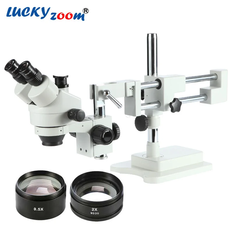 Lucky Zoom Brand 3.5X-90X Zoom 50/50 SPLIT SIMUL-FOCAL MICROSCOPE DOUBLE BOOM STAND TRINOCULAR STEREO ZOOM MICROSCOPE Set