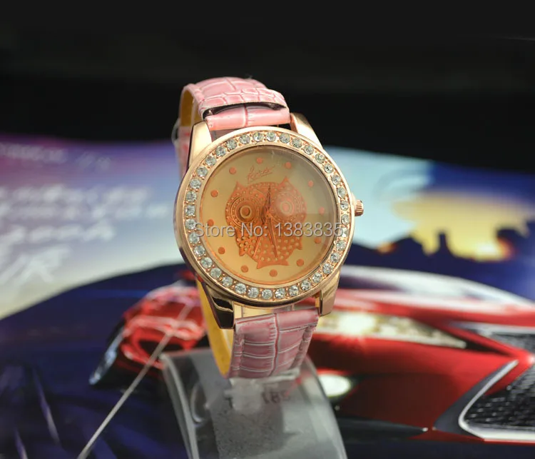 Leather watch roll 2014 wholesale fashion owl womens embed rhinestone Rose gold leather analog quartz free shipping|watch calendar|watch dualwatch