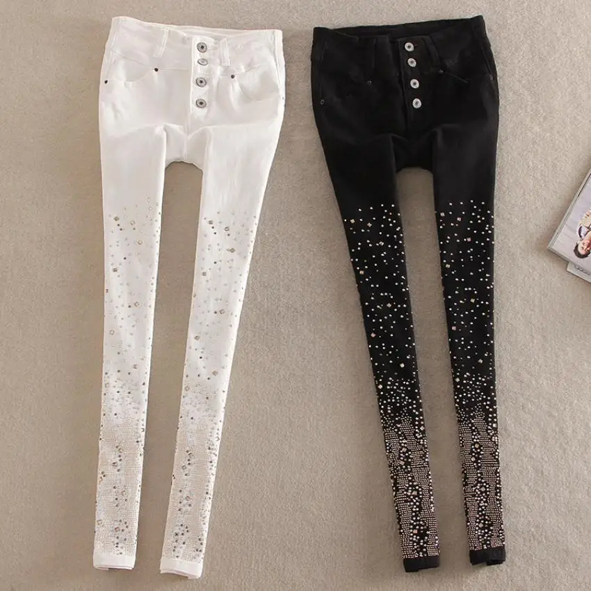 

wholesale fashion Manually 4 buttons diamond beading jeans female street style diamond white black pencil jeans wq2196 dropship