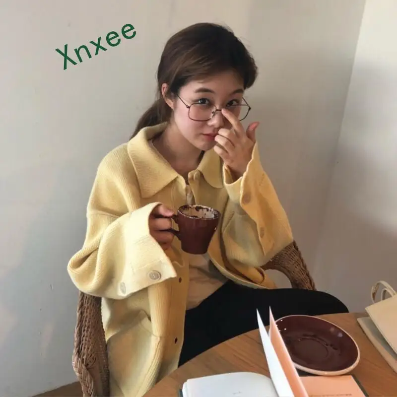 Xnxee Корейские осенние винтажные свитера кардиганы для женщин Новая Вязаная одежда модные однотонные Повседневные вязаные пальто с длинным рукавом