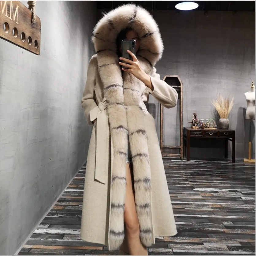 Beige Высокое качество кашемировое шерстяное пальто женское длинное пальто женское натуральное лисьего меха воротник съемная подкладка из кроличьего меха Рекс с поясом - Цвет: Beige