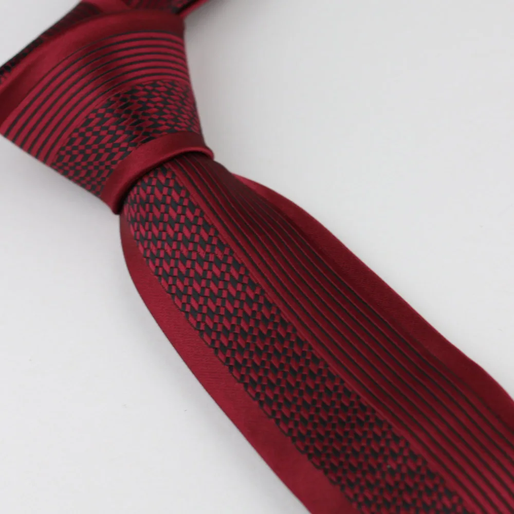 Мужские галстуки тонкий бордовый красный с черной клеткой полосатый галстук из