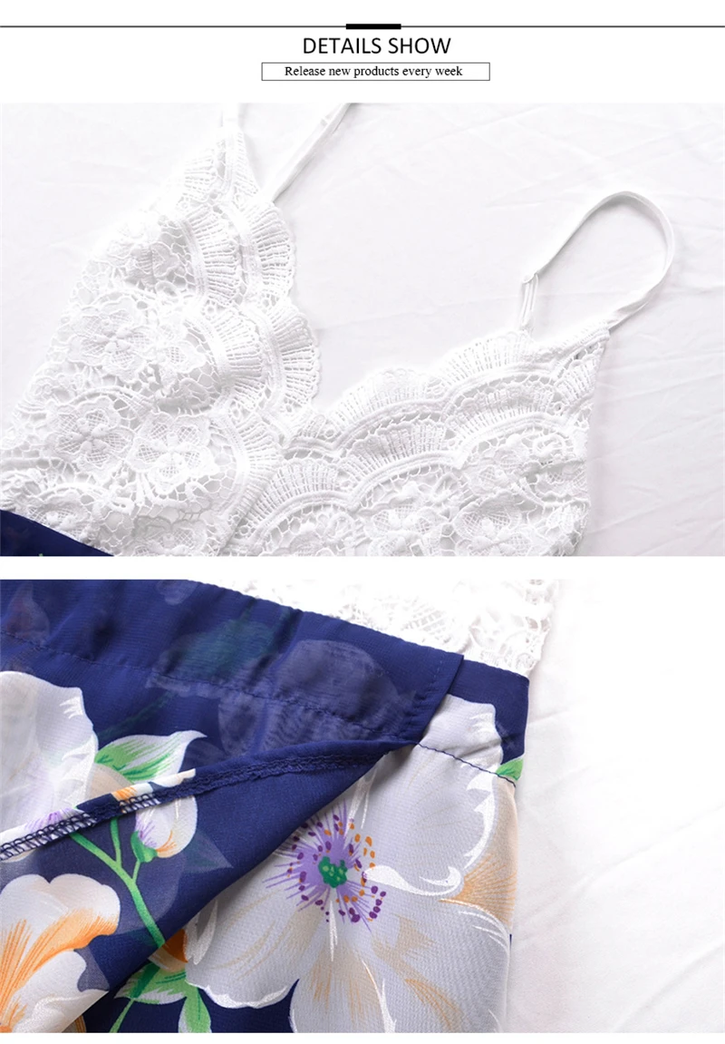 2018 женское пляжное платье кружевное шифоновое на бретелях-спагетти с принтом и