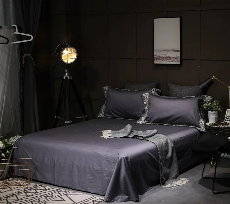 

Luxury Lace 100S Egyptian cotton Royal Bedding sets Queen King size Duvet cover Bed sheet set Pillowcase 4pcs Dark grey blue