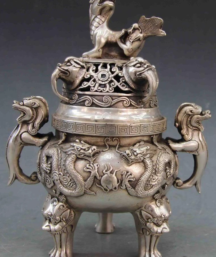 

10 White Copper Silver Two Dragon Play Bead Foo Dog Lion Censer incense burner