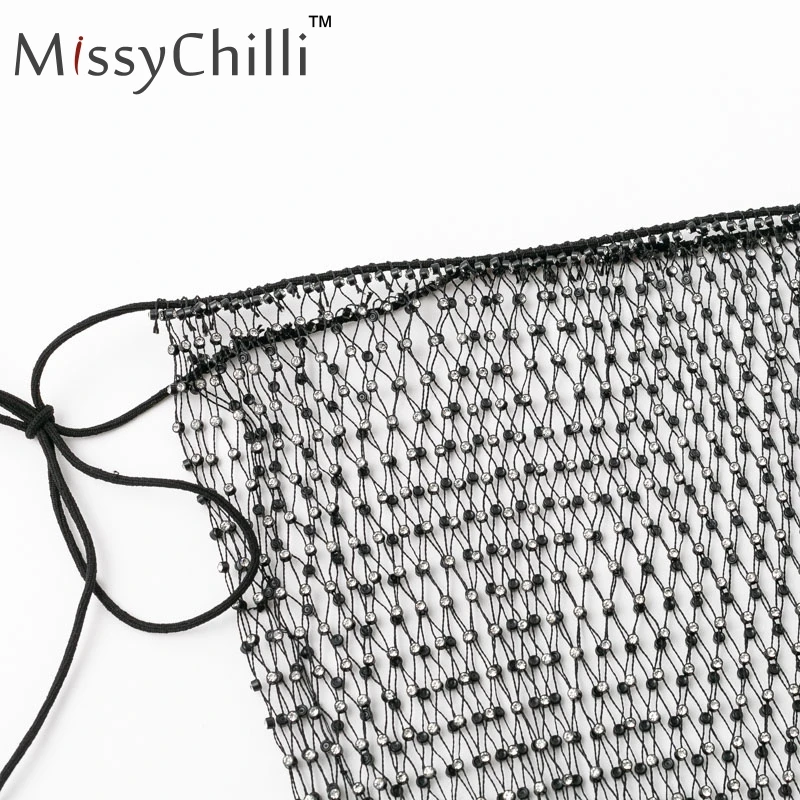 MissyChilli черная прозрачная сетчатая мини-юбка для женщин Стразы Вечерние Клубные короткая юбка рыбья Сетка открытая микро юбка карандаш Новинка