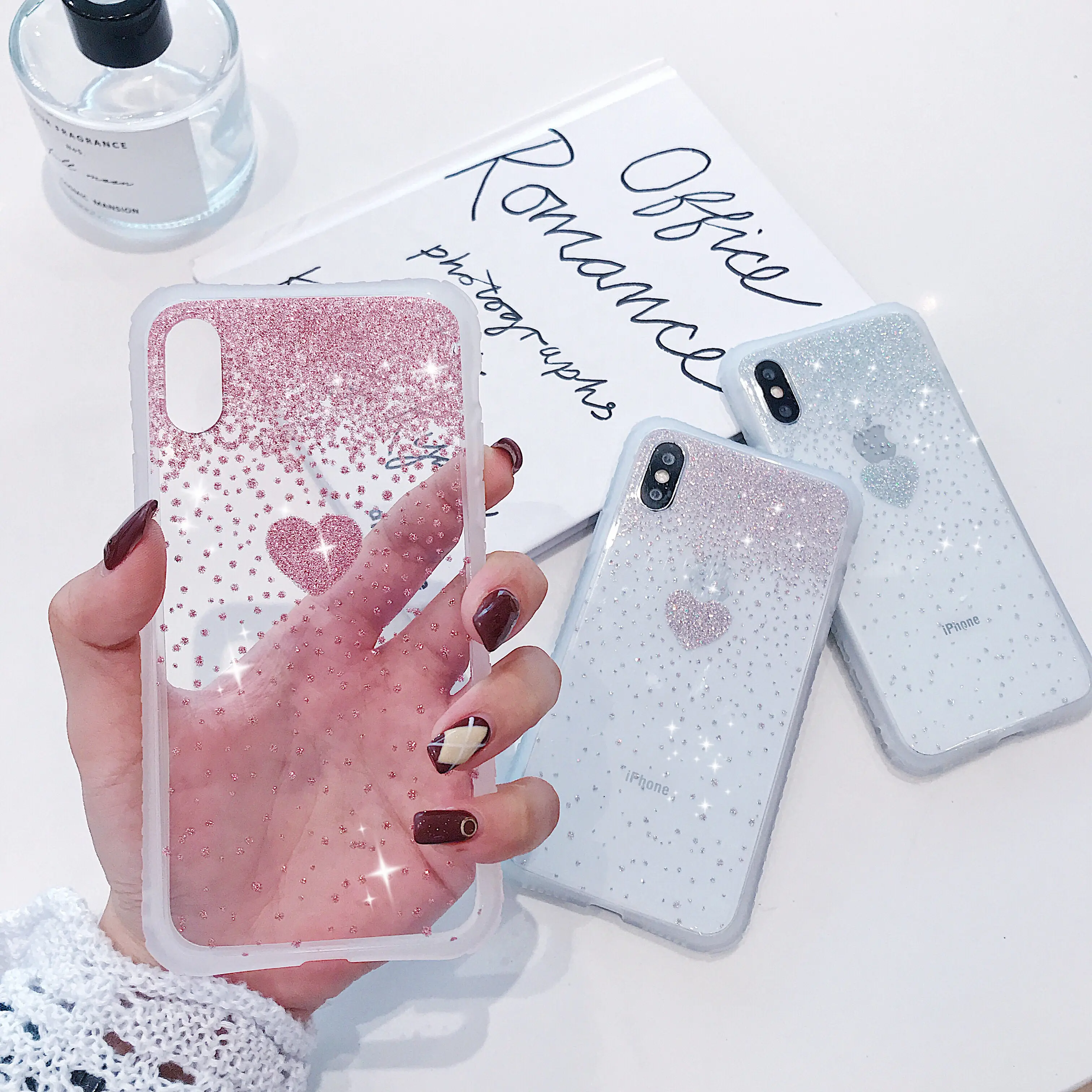 

Cute Glitter Bling Light Pink Gold Love Heart Phone Cases For iphone 11 Pro XS MAX X XR 6S 6 7 8 Plus Transparent Cover Coques