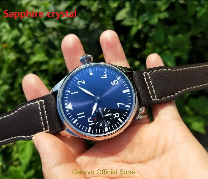 

Sapphire crystal 44mm GEERVO light blue dial Asian 6497 17 jewels Mechanical Hand Wind movement men's watch green luminous 153A