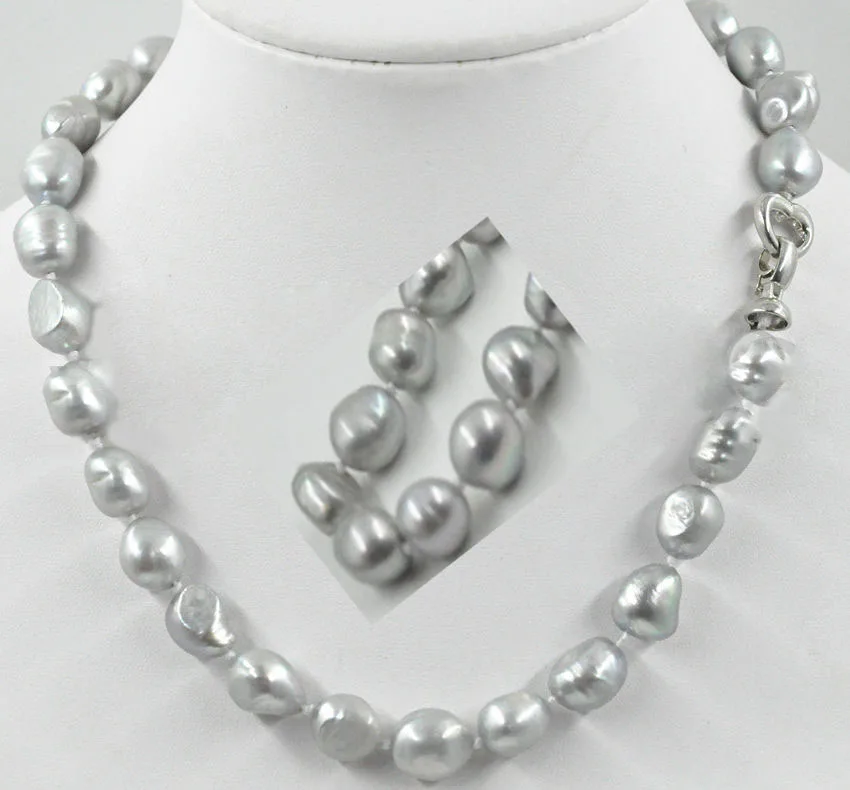 

nature 11-12 MM gray barpque freshwater cultured pearl necklace 925 silver Pearl Necklace