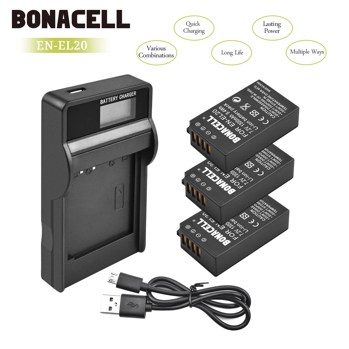 Bonacell 7,2 V 1300mAh EN-EL20 EN EL20 ENEL20 Аккумулятор для камеры+ ЖК-зарядное устройство для цифровой камеры Nikon EN-EL20a 1 J1 J2 J3 S1 L10 - Цвет: 3X Battery Charger