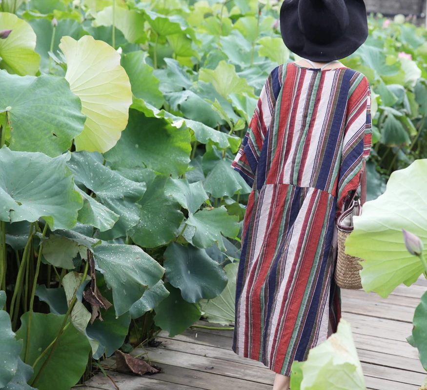 Linenall.com оригинальный дизайн вертикальные линии цвет хлопчатобумажное платье