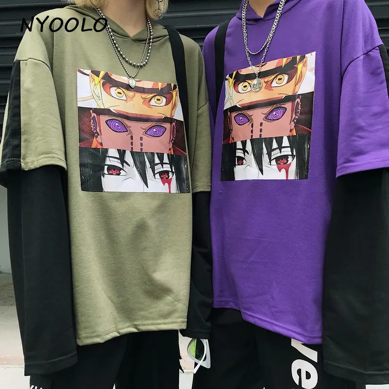 NYOOLO Harajuku стиль мультфильм комикс печати толстовки лоскутное Поддельные 2 шт. с капюшоном пуловеры толстовка женская/мужская одежда топы
