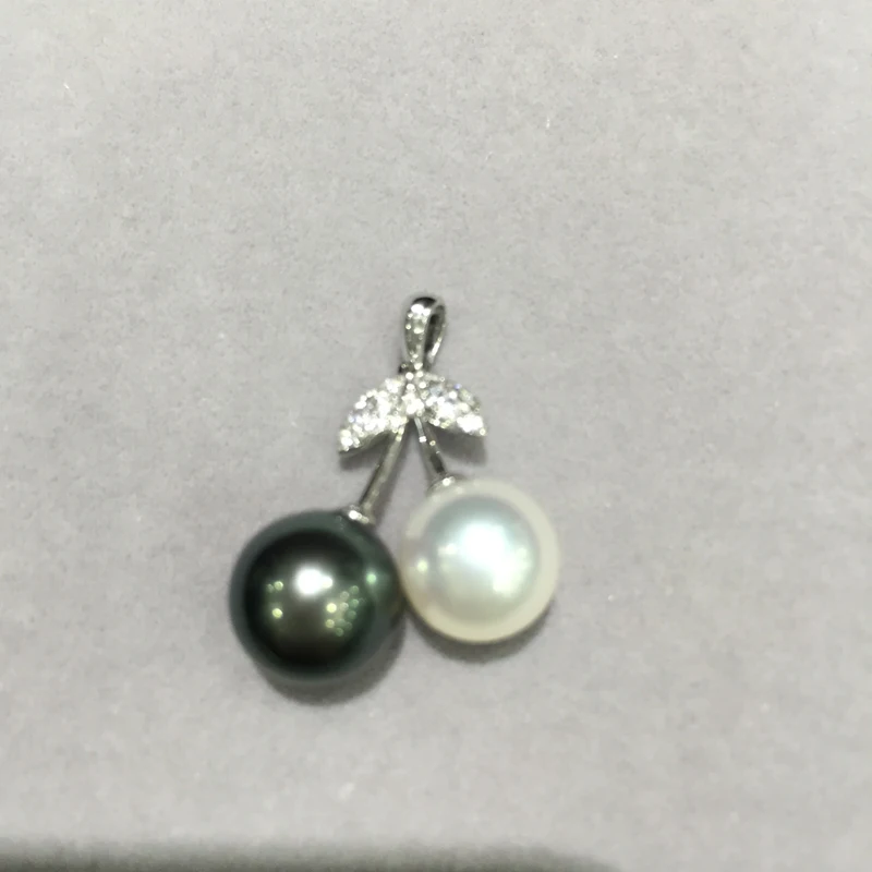 

9-9.5MM natural tahiti pearl pendant cherry pendant 14K gold fine jewelry free shipping white and black mixed double pearl