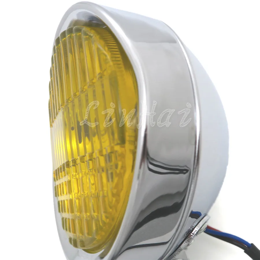 Motorcycle 5.7&quot 12V Chrome Retro Headlight Yellow Lens For Harley Old School Bobbers |