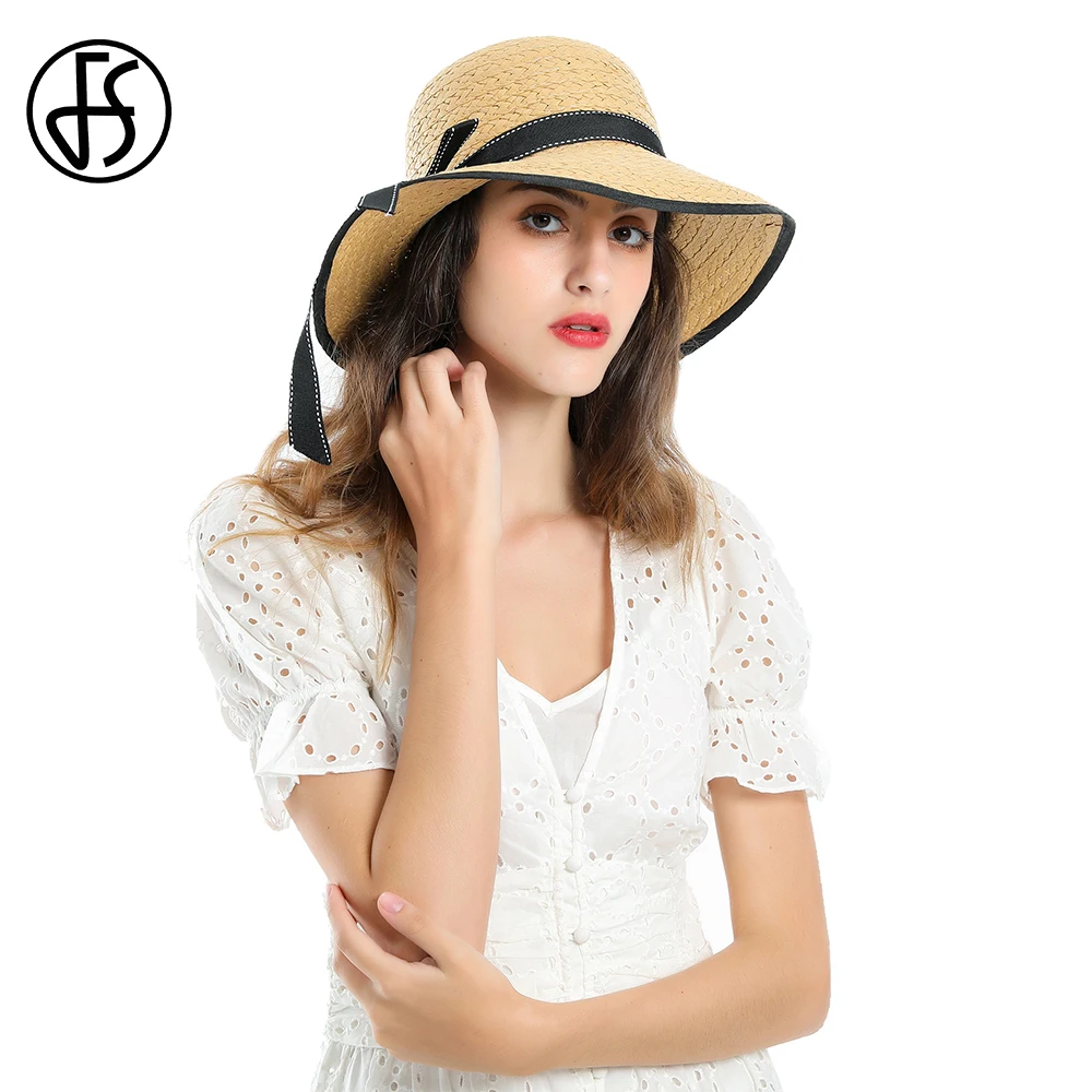 Женская пляжная соломенная шляпа FS с широкими полями и бантом желтого белого