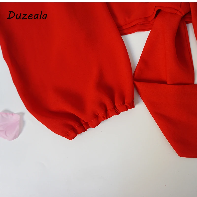 Sexy V Neck Wrap Sheath Exposed Navel Short Top Bow Tie Autumn Shirts Chiffon Women Blouses Backless Red White Crop Tops | Женская